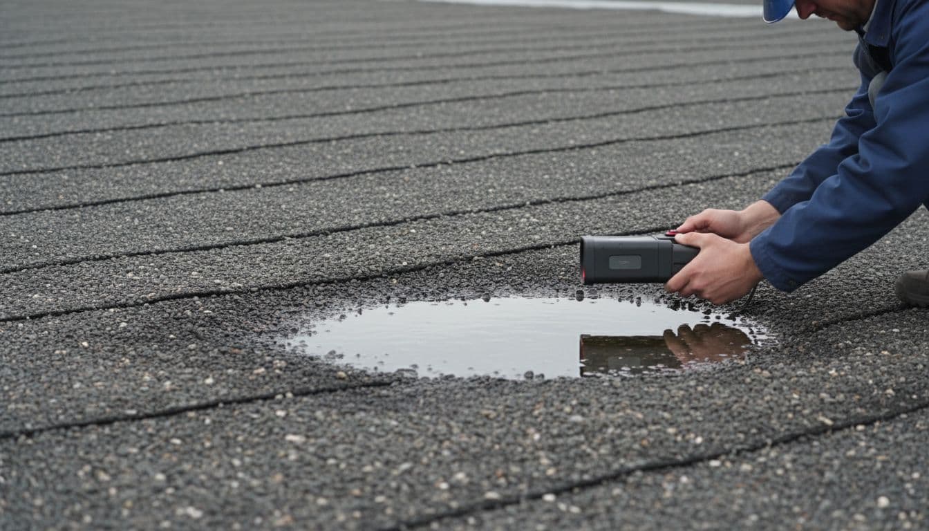 Close-up view of a built-up commercial roof surface with gravel layers, water pooling, and a technician holding an infrared camera for non-invasive leak detection.