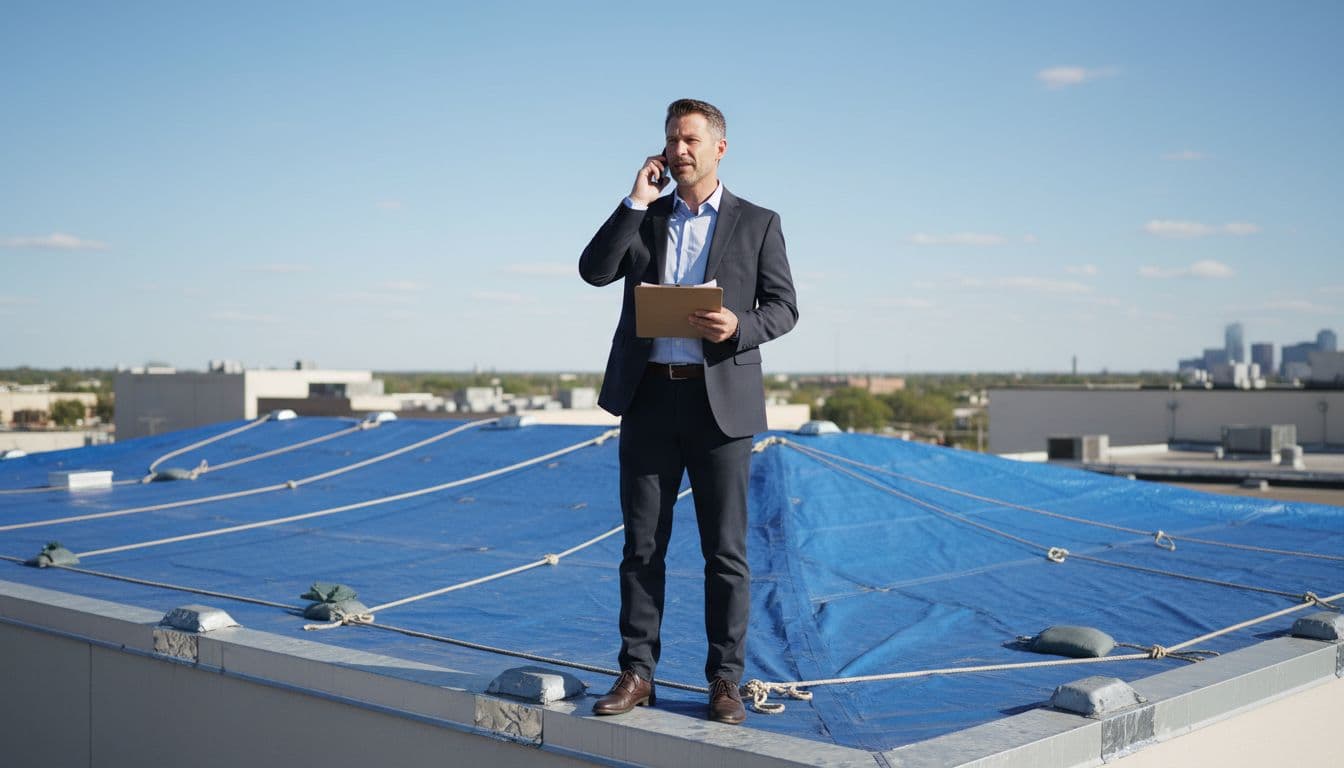 Does Insurance Cover Temporary Roof Tarping After Hail In Minnesota Business owner stands near a tarped commercial roof damaged by hail, on the phone discussing the claim with an insurance adjuster, holding a clipboard, in professional attire on a clear day.