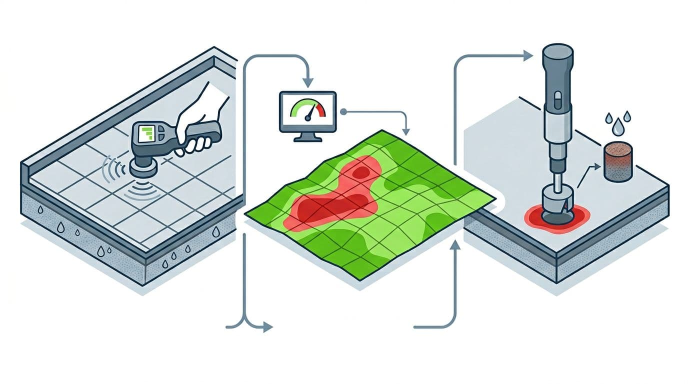 Vector infographic diagram illustrating the capacitance roof testing process: grid scan with meter, data map showing wet zones in red and dry in green, and verification with core sample on a flat commercial roof background.