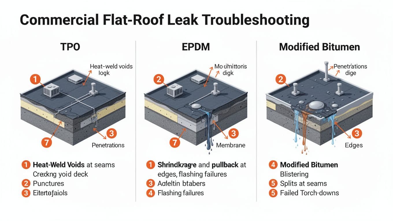 Commercial Flat-Roof Leak Troubleshooting on TPO, EPDM, or Modified Bitumen Technical infographic in landscape format with three panels comparing common leak sources in TPO, EPDM, and Modified Bitumen commercial flat roofs, featuring cross-sections, top-down views, and orange callouts for issues like seam voids, punctures, shrinkage, and blistering.