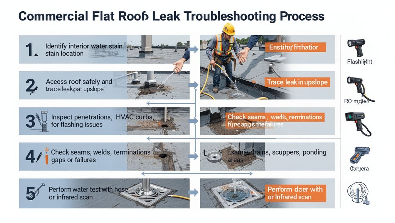Commercial Flat-Roof Leak Troubleshooting on TPO, EPDM, or Modified Bitumen Modern vector infographic in landscape format illustrating the 6-step process for troubleshooting leaks on commercial flat roofs, with numbered steps, labels, arrows, tool icons, and one safety-geared person.