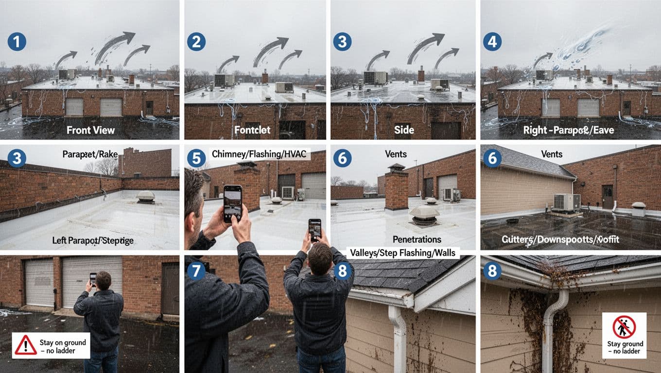 How do I find the source of a roof leak that only happens during wind-driven rain in Saint Paul? (8-photo checklist from the ground) Instructional 8-panel infographic illustrating a photo checklist from the ground to detect wind-driven roof leaks on a commercial flat roof in Saint Paul, Minnesota, during overcast windy sideways rain, featuring a safety-conscious business owner photographing key areas.