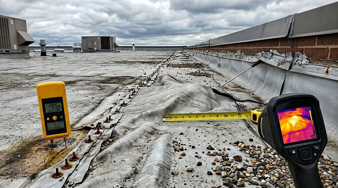 Realistic high-resolution documentary photo of inspection tools for wind uplift damage on a commercial flat roof, including infrared camera scanning lifted TPO seam, moisture meter near exposed fasteners, probe testing adhesion, tape measure on wrinkled area, and detached parapet coping under cloudy daylight.