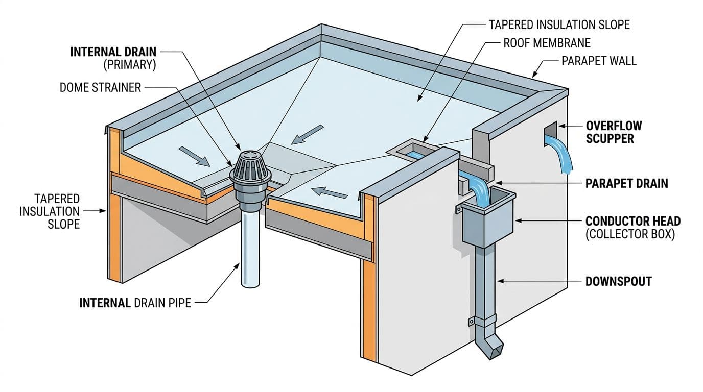 What are the functional requirements of a good roof? Technical vector illustration of proper commercial roof drainage components including internal drains, scuppers, tapered insulation, overflow scuppers, parapet drains, conductor heads, and downspouts with labels.