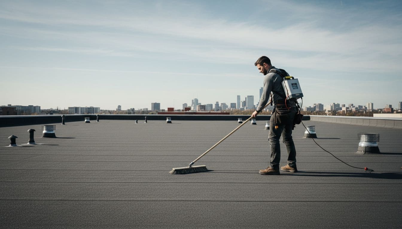Roofing professional using low-voltage electronic leak detection device with broom electrode sweeping across a wide flat commercial roof membrane, with rooftop penetrations and drains nearby, in clear daytime weather.