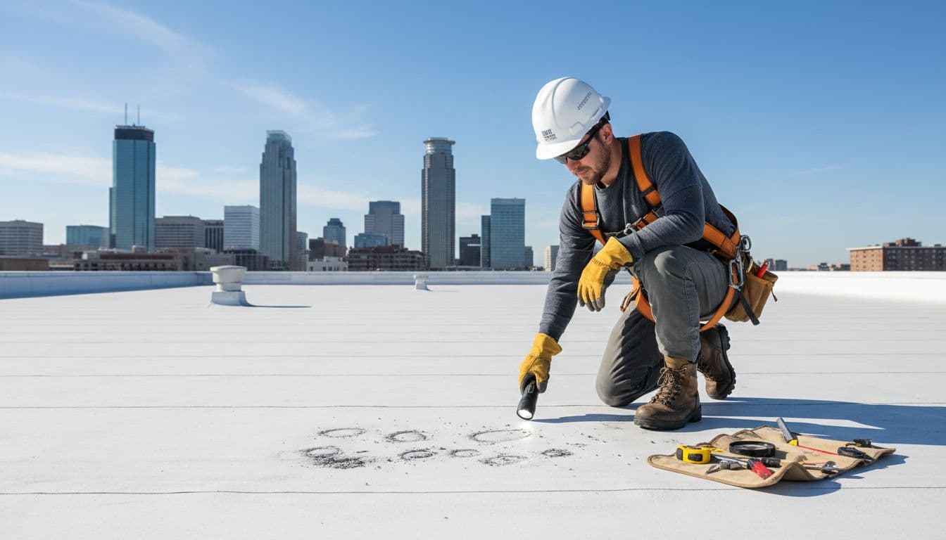 Should You Repair Or Replace A 15-Year-Old Hail-Damaged Commercial Roof A professional roofing inspector in safety gear kneels on a large commercial warehouse flat roof, using a flashlight to closely examine hail dents and punctures on the white TPO membrane, with tools nearby and Minnesota skyline in the background.