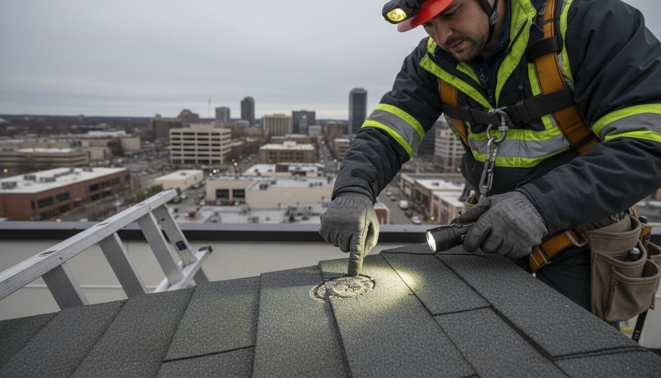 How Do You Identify Hail Damage On Synthetic Slate Shingles? A person in safety gear uses a ladder and flashlight to inspect synthetic slate shingles on a commercial roof after a hail storm, focusing on hands pointing to a dented shingle under overcast skies.
