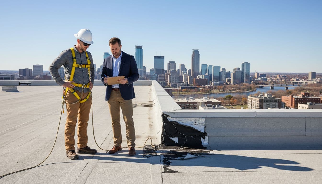 Will Insurance Cover Roof Code Upgrades In Minnesota Two professionals, a roofer in hard hat and safety harness alongside an insurance adjuster holding a clipboard, stand on the edge of a commercial flat roof inspecting deteriorated flashing and seams under clear sunny skies with the Minneapolis skyline in the background.