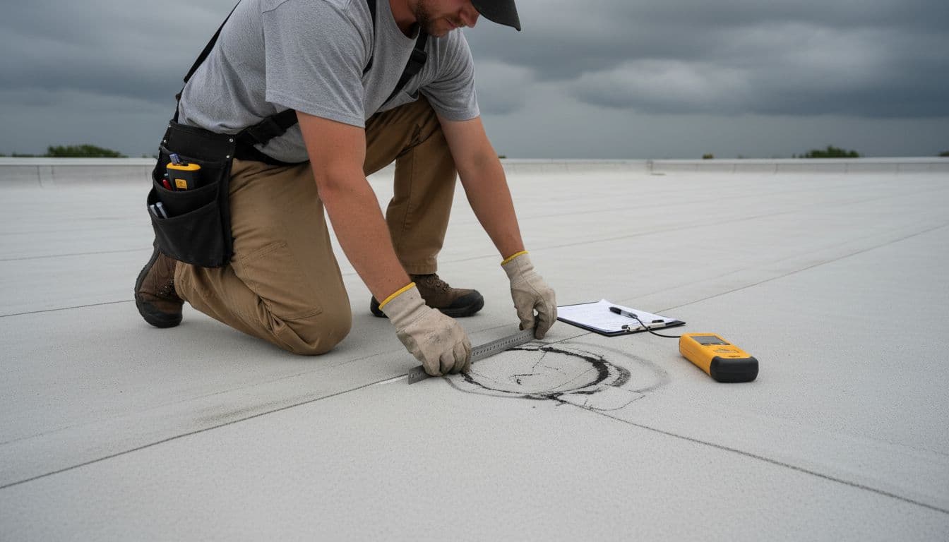 How Much Hail Damage Requires Full Roof Replacement? A professional roofing inspector kneels on a large commercial flat roof, measuring a dent in the bruised TPO membrane from hail damage with a ruler, clipboard and moisture meter nearby under a cloudy post-storm Minnesota sky.