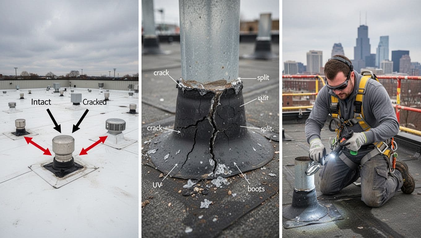 How To Check Roof Vent Pipe Boots For Cracks In Minnesota Realistic 3-panel instructional collage for inspecting low-slope TPO commercial roof vent pipe boots for UV-induced cracks. Features overhead comparison of intact vs. damaged boots, extreme close-up of radial cracks and degradation, and a safety-equipped professional using flashlight and mirror to check flexibility against Twin Cities skyline.