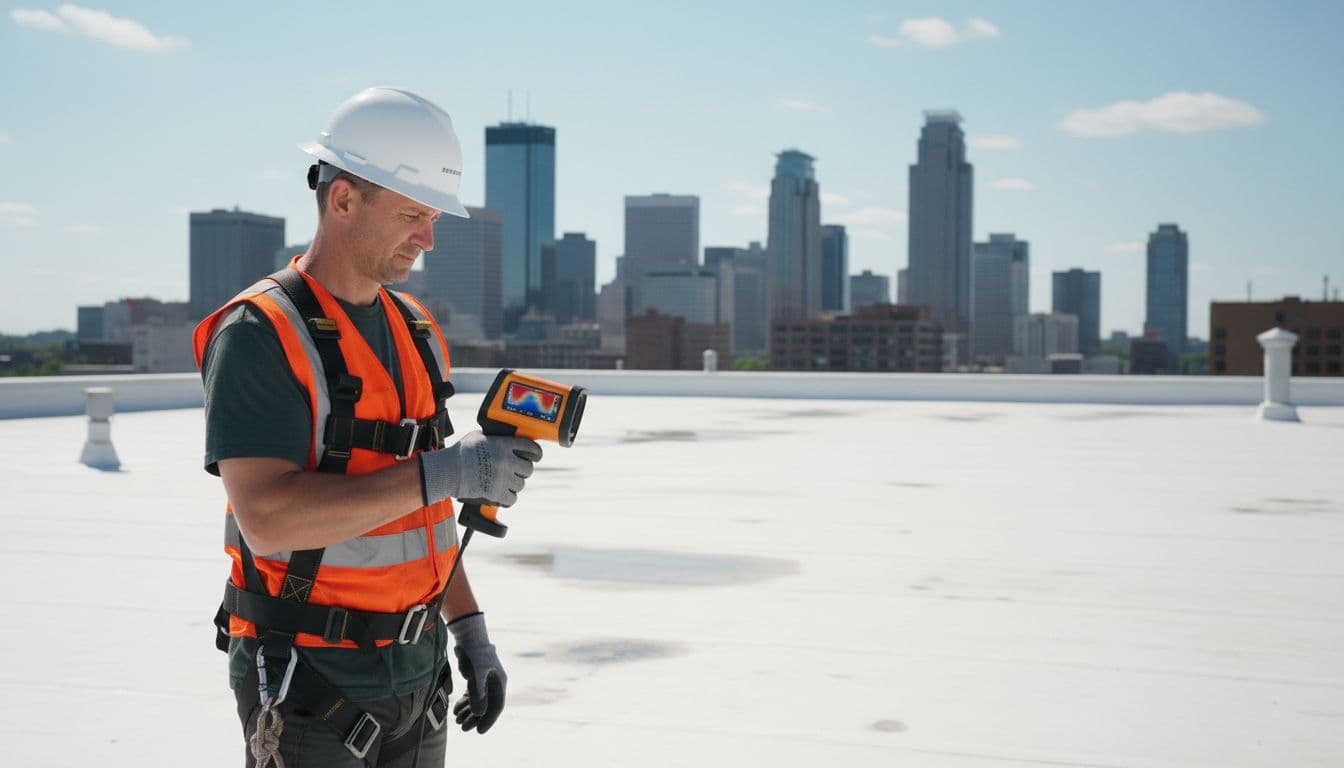 What Are The First Signs Of A Hidden Roof Leak In Walls? Experienced roofing technician on a large flat commercial roof uses handheld thermal imaging and infrared cameras to detect hidden moisture leaks, wearing helmet, high-vis vest, and safety harness, with Minneapolis skyline in the distant background on a sunny afternoon.