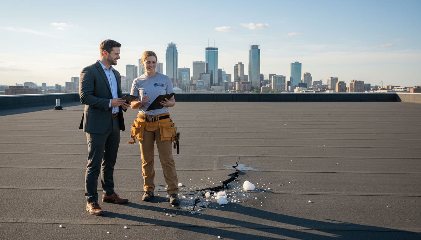 A professional commercial roofer and business owner stand relaxed on a flat warehouse roof, inspecting hail damage as the roofer points to a tear in the membrane while holding a clipboard, with the Minnesota Twin Cities skyline in the distant background under clear daylight.