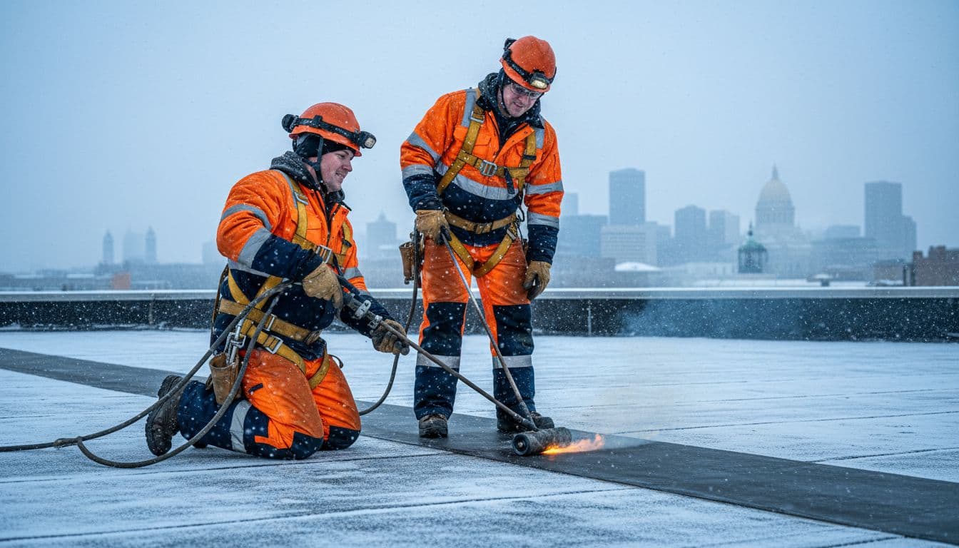 Two professional commercial roofers in insulated winter safety gear, harnesses, and helmets apply heat-welded sealant to a low-slope flat roof seam during light Minnesota snowfall, with Saint Paul cityscape in the distant background.