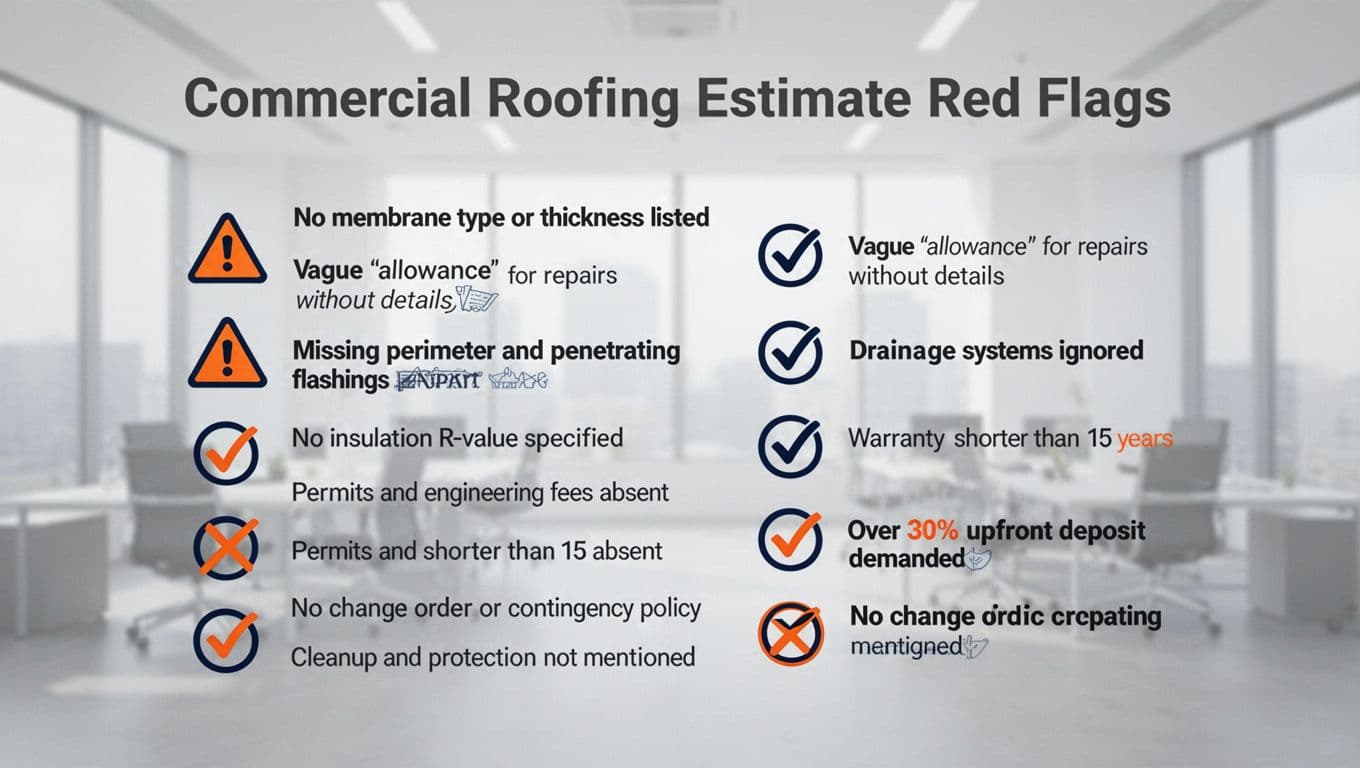 Educational infographic in landscape format featuring a central checklist of 10 red flags in commercial roofing estimates, with modern flat design icons and clean typography.