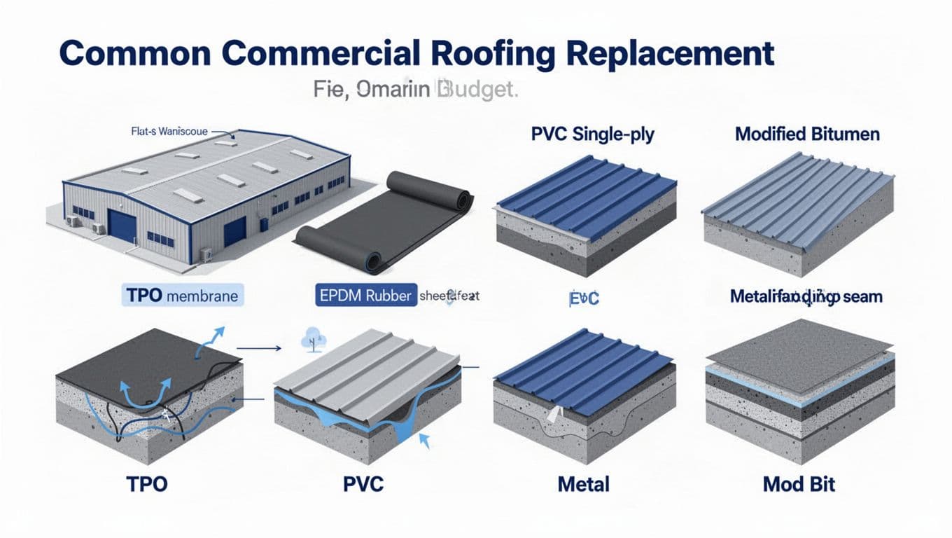 How to budget for a commercial roof replacement without surprises. Professional modern flat design illustration of common commercial roofing replacement options including TPO membrane, EPDM rubber sheet, PVC single-ply, metal standing seam panels, and modified bitumen layers, with simple icons, cross-sections, and labels on a white background.