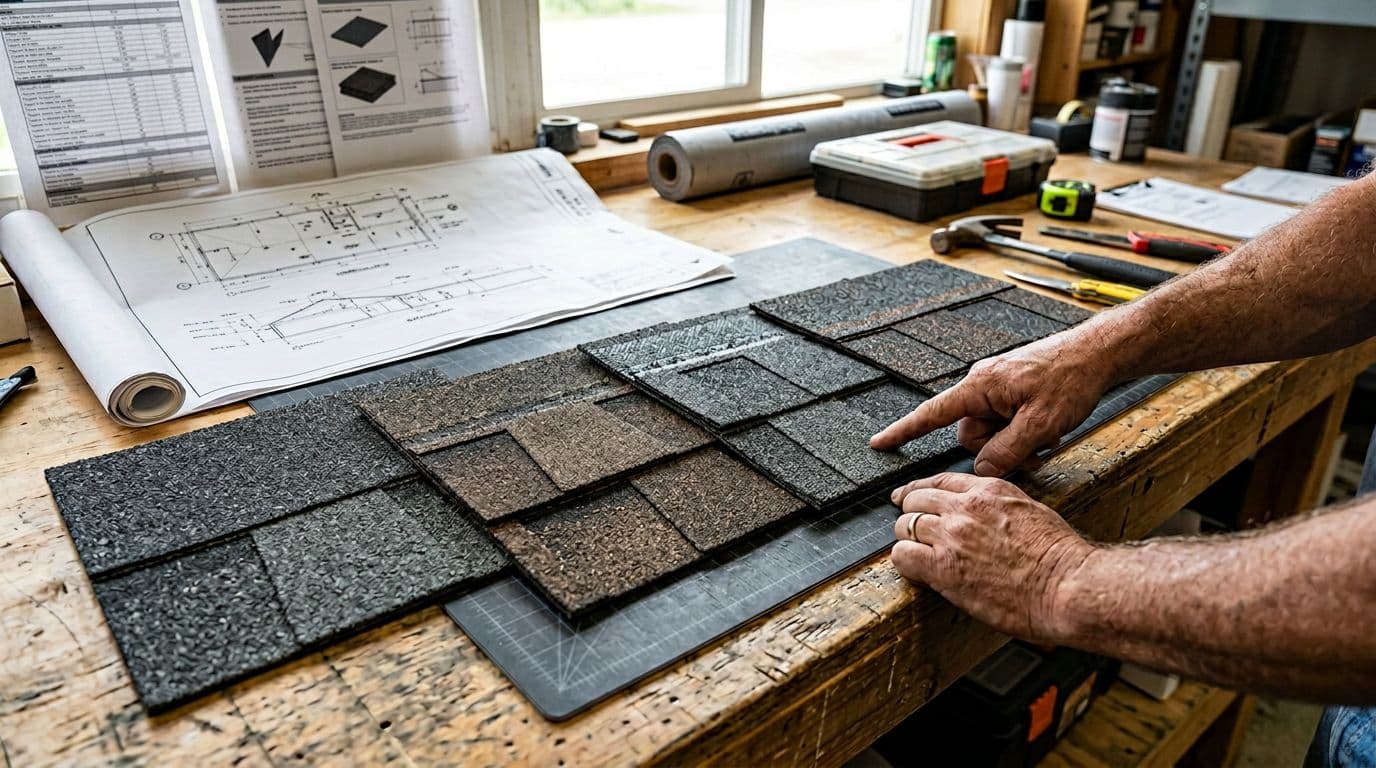 What Are Roof Shingles? Types, Materials, and How They Work Landscape view of a contractor's workbench with samples of 3-tab asphalt, architectural laminated, impact-resistant Class 4, and algae-resistant roof shingles arranged for comparison, with a pair of hands pointing to the impact-resistant sample and commercial roof blueprints in the background under natural daylight.