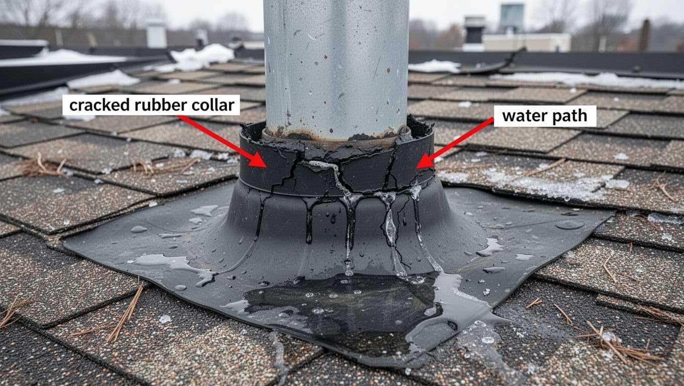 Ultra-realistic close-up of plumbing vent boot flashing on a commercial roof in Saint Paul, Minnesota, highlighting sealant failure with a cracked rubber collar around the vent pipe and a water path running down the boot base, marked by red arrows and labels.
