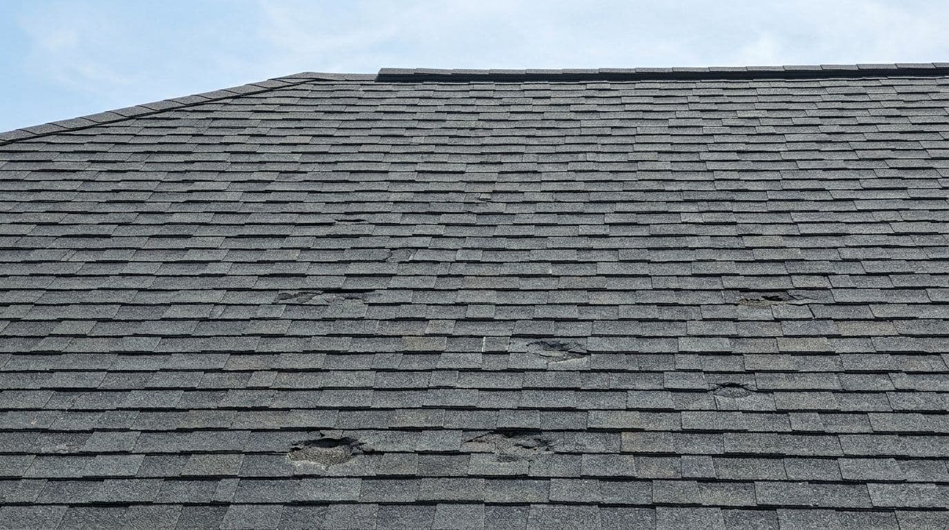 Photo-realistic low-angle view from ground level of a suburban single-family home roof plane with dark gray laminated architectural asphalt shingles during daylight under clear sky, showing subtle hail damage like irregular dents, granule loss, and shadowing.