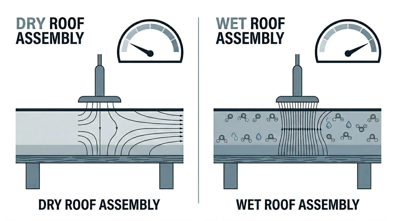 Vector diagram showing side-by-side cross-sections of flat roof insulation in dry and wet conditions during capacitance testing, with denser electrical field lines and higher meter readings on the wet side.