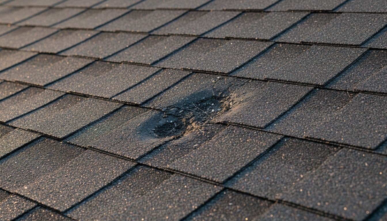 What Are the First Signs of Hail Damage on a Residential Roof Close-up of residential asphalt shingle roof showing subtle early hail damage with small dents like hammer strikes, scattered granule loss exposing the mat underneath, and minor cracks, highlighted by soft evening light.