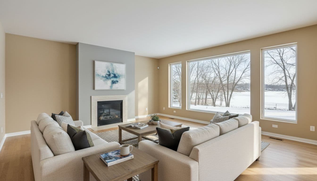 Spacious modern living room in a suburban Eden Prairie home with freshly painted warm beige and soft gray walls, cozy sofa, coffee table with books, large windows showing winter trees, and natural afternoon light.