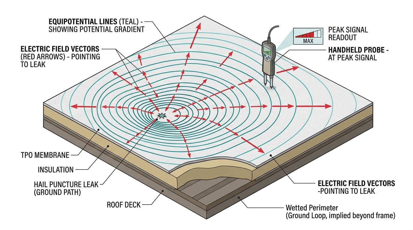 Technical vector illustration of electric field vectors and equipotential lines on a flat TPO roof surface during EFVM leak detection, showing arrows pointing to a hail-induced pinhole leak with a handheld probe at peak signal.
