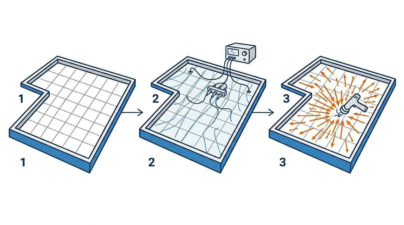 Vector-style infographic diagram of electric field vector mapping process steps on a flat roof, including grid layout, pulse generator connection, and probe scanning with converging vectors on the leak. Minimalist design with blue fields, orange vectors, grid lines on white background, high-contrast sharp lines.