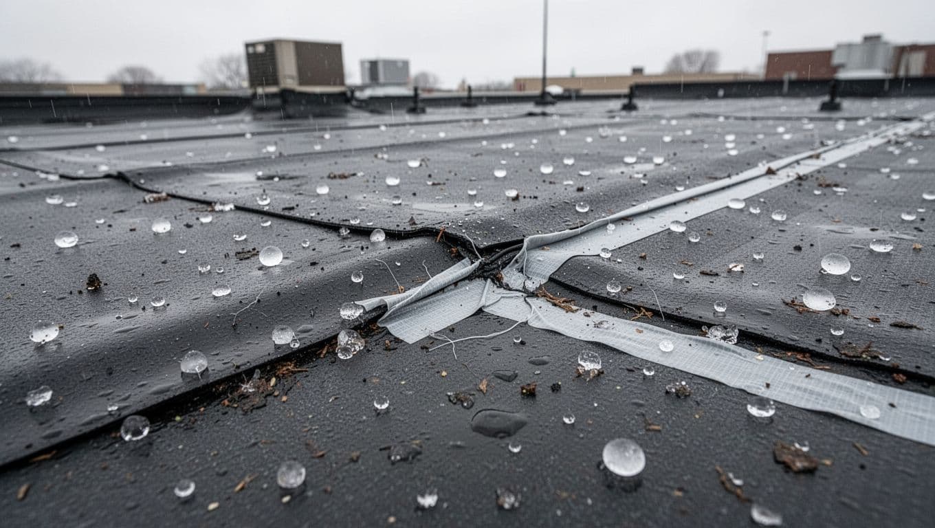 What Does Hail Damage Look Like On EPDM Roofs In Minnesota? Photorealistic close-up of EPDM roof seam on low-slope building with hail stress, bridging, and micro-tears near seam tape under Minnesota overcast skies, focusing on realistic damage textures.