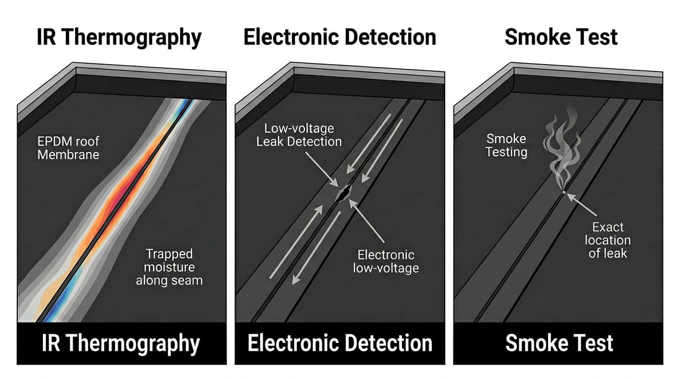 Split-panel technical infographic depicting three methods for detecting leaks in EPDM roof seams: infrared thermography showing moisture anomalies, electronic low-voltage detection with breach indicators, and smoke testing revealing defects.