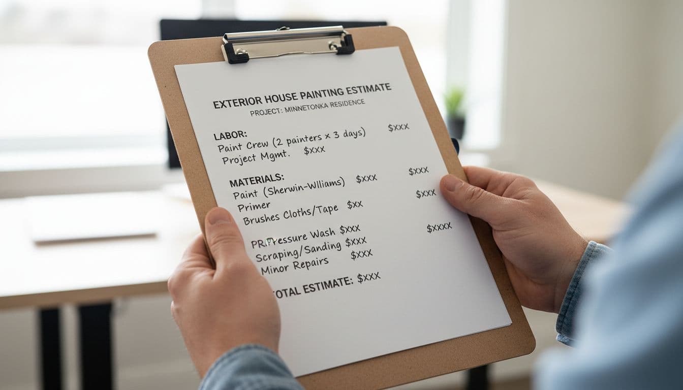 Close-up view of a cost breakdown chart on a wooden clipboard held by two hands, showing exterior house painting expenses like labor, materials, and prep work with professional handwritten notes. Realistic photo in bright office lighting with natural paper tones, sharp generic numbers, no people or extra objects visible.