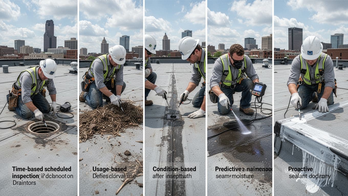 What Maintenance Should Be Done on a Roof, and How Do You Maintain a Commercial Roof? Realistic five-panel illustration showing preventive maintenance on a large flat commercial roof in urban Minnesota: scheduled inspection, debris removal, seam probing, infrared moisture scanning, and sealant application.