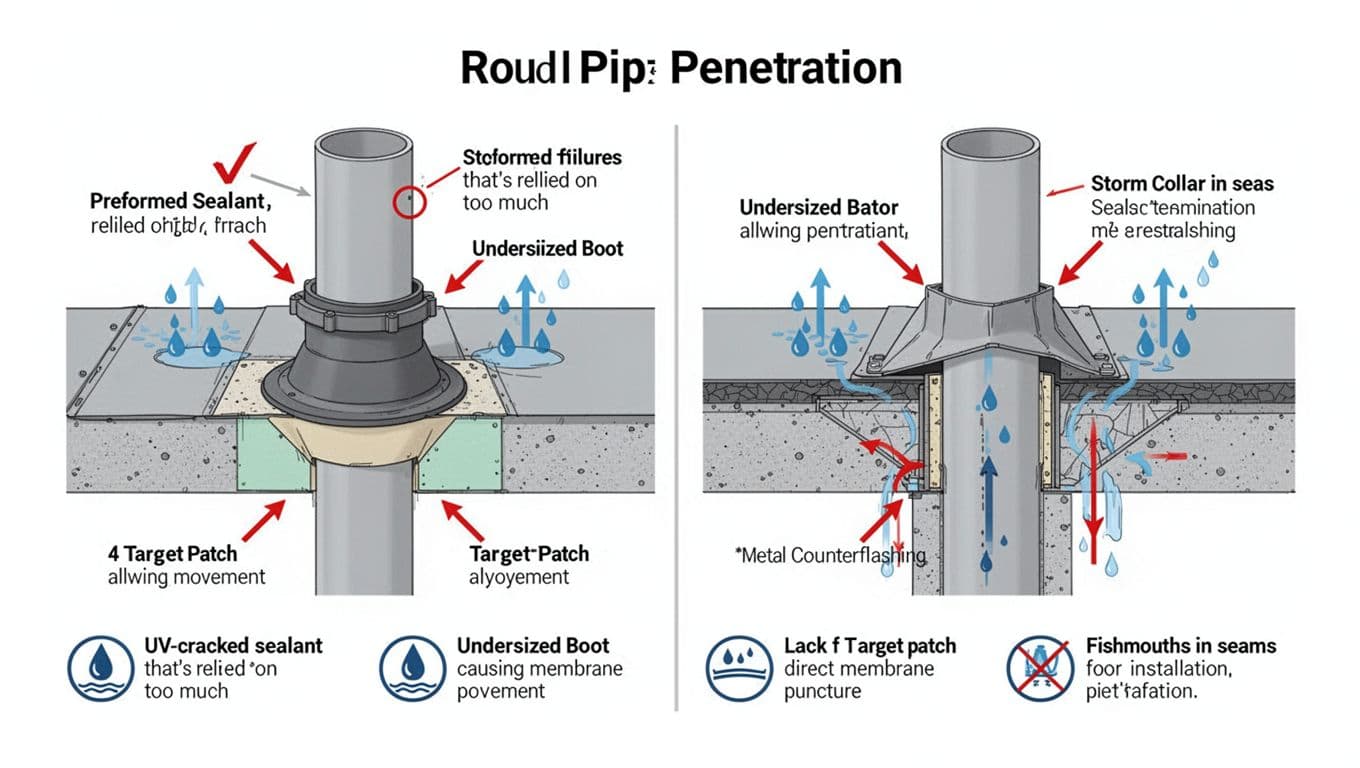 Why do Roof penetrations on flat roofs leak, and how can you prevent it? Minimalist vector diagram showing proper round pipe penetration on flat roofs with single-ply membrane and bitumen systems, including preformed boot, target patch, sealant, and storm collar, alongside common failures like cracked sealant, undersized boot, missing patch, and seam fishmouths, with labels, red arrows, and icons for water issues.