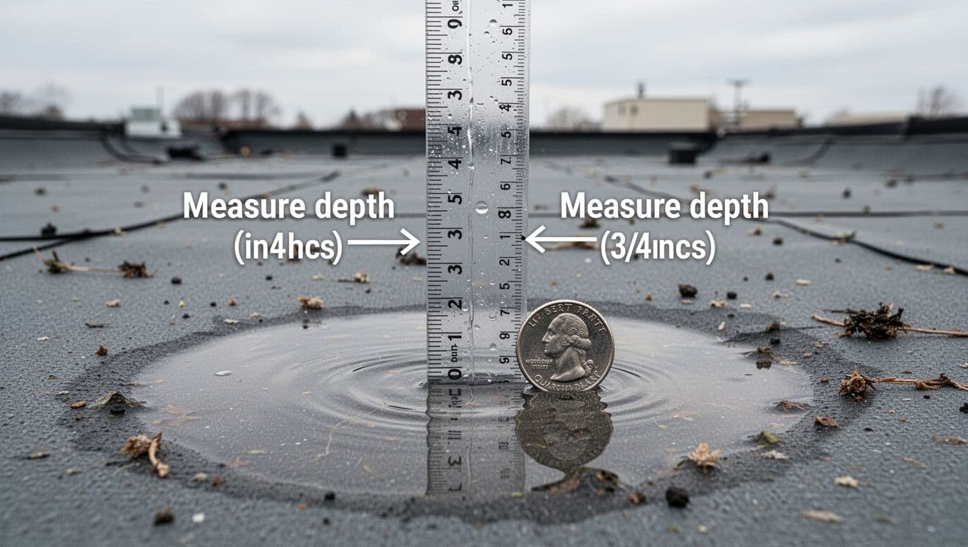 Close-up educational photo of a plastic ruler vertically inserted into shallow ponding water on a Minnesota commercial flat roof, reading about 3/4 inch depth next to a quarter coin for scale. Gray membrane roof surface with debris and overcast sky in background, with overlay text "Measure depth (inches)" and arrow.