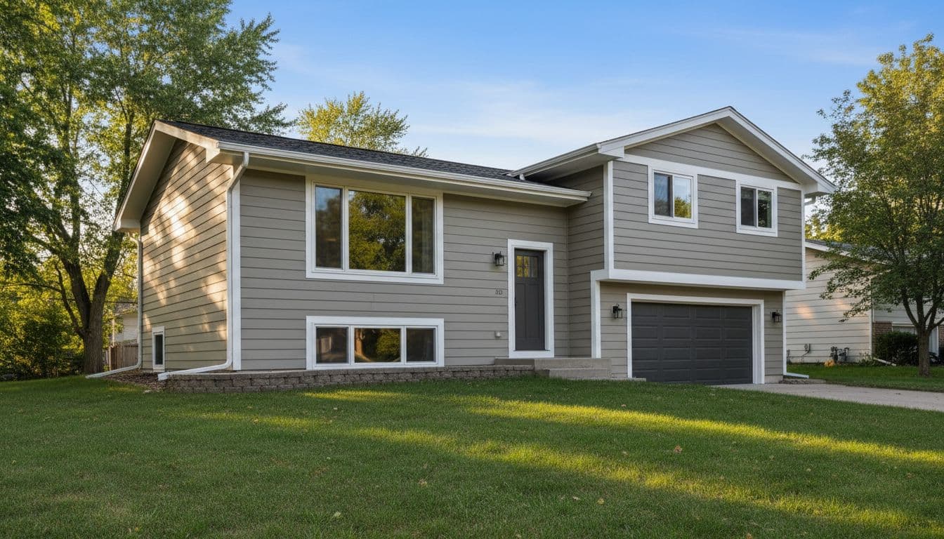 Cleanly painted modern exterior of a 1970s split-level home in a Twin Cities suburb, with fresh durable paint on siding and trim, professional finish, sunny afternoon shadows, green lawn, front three-quarter view.