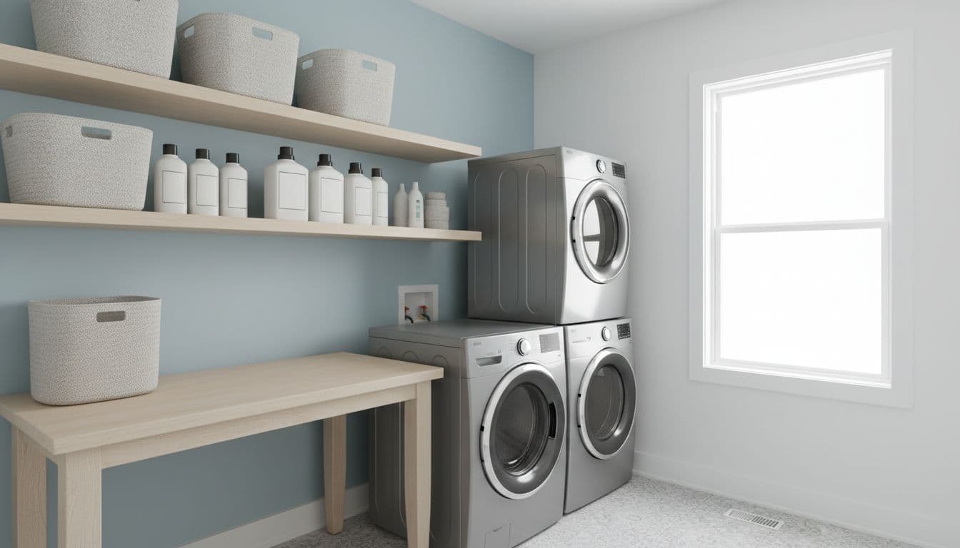 Freshly painted modern laundry room in a Minneapolis home with white walls and light blue accents, stacked washer and dryer, wooden folding table, shelves with laundry baskets and detergents, and natural daylight from a window. Clean, organized space in realistic photography style with bright even lighting and no people present.