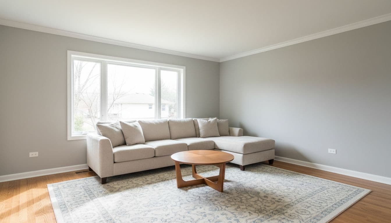 Interior Painting Cost With Drywall Repair in Minneapolis in 2026 3 Freshly painted modern living room in a Minneapolis suburban home with smooth neutral gray walls, crisp white trim, comfortable sofa, coffee table, and large window allowing natural light. Empty space captured in realistic photography with warm soft lighting and high detail.