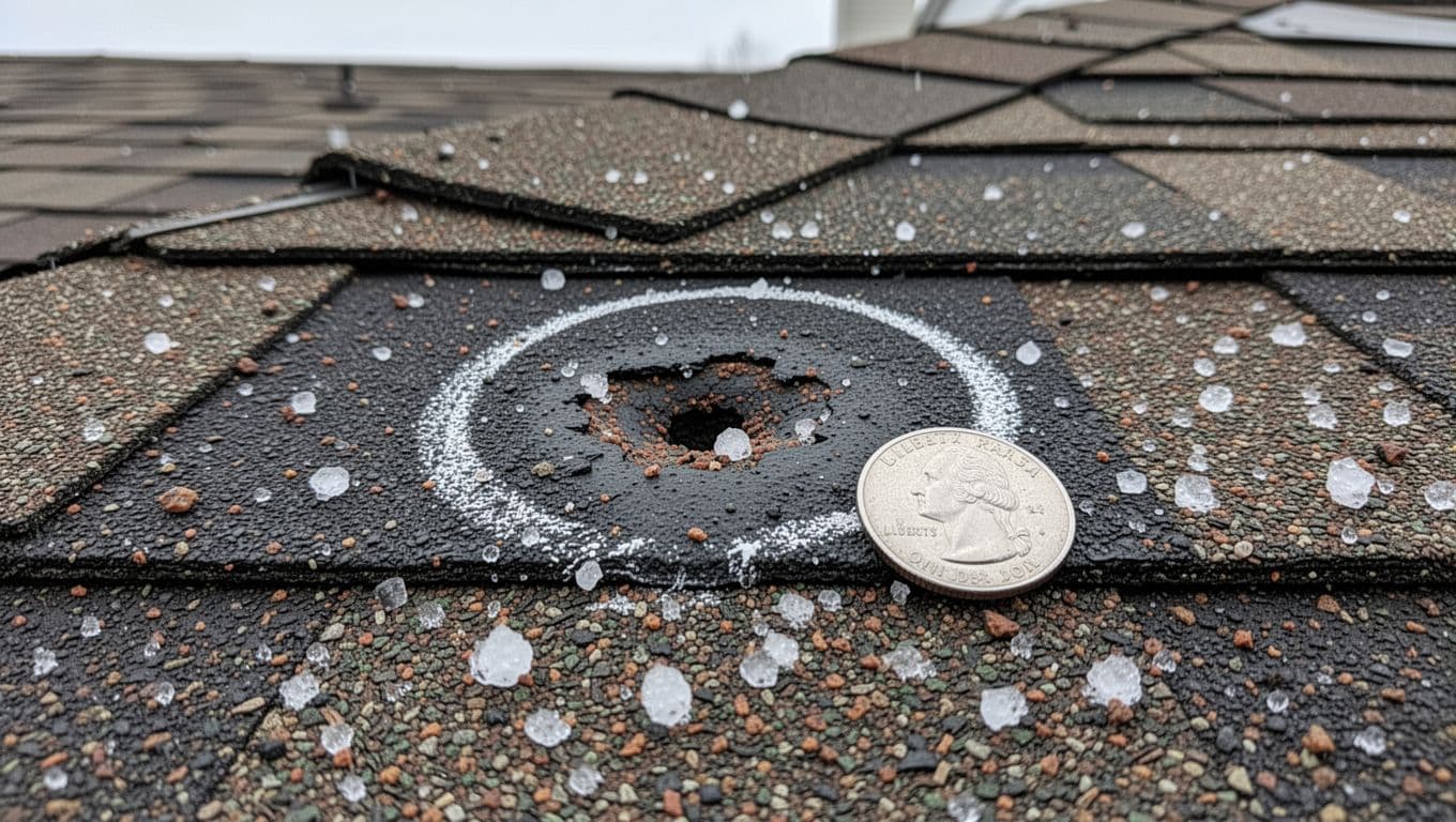 Realistic close-up of fresh hail damage on an architectural asphalt shingle, showing granule loss with a chalk circle and U.S. quarter for scale, for homeowner education in Saint Paul, Minnesota.