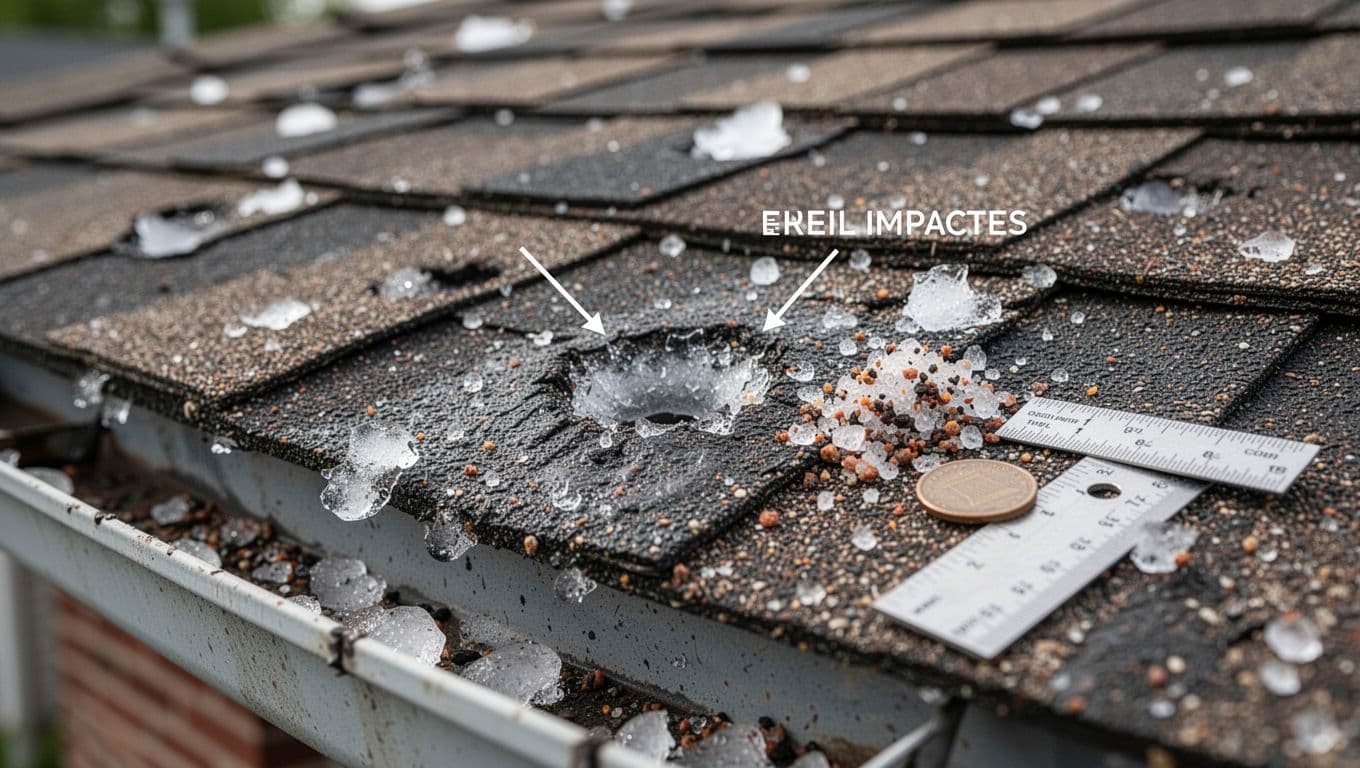 Realistic high-resolution close-up photo of hail damage on an asphalt shingle roof in Saint Paul, Minnesota, featuring granules knocked off in circular divots, slight fractures, displaced granules, scale reference, and subtle labels on a weathered commercial roof section.