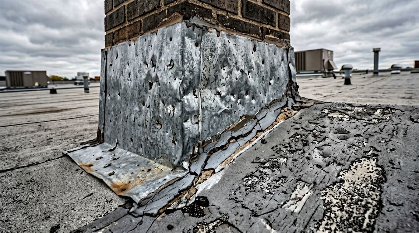 Close-up photo of hail damage on chimney counterflashing and TPO membrane on a low-slope commercial roof, showing dings, bent metal hems, cracked sealant, and granule loss.