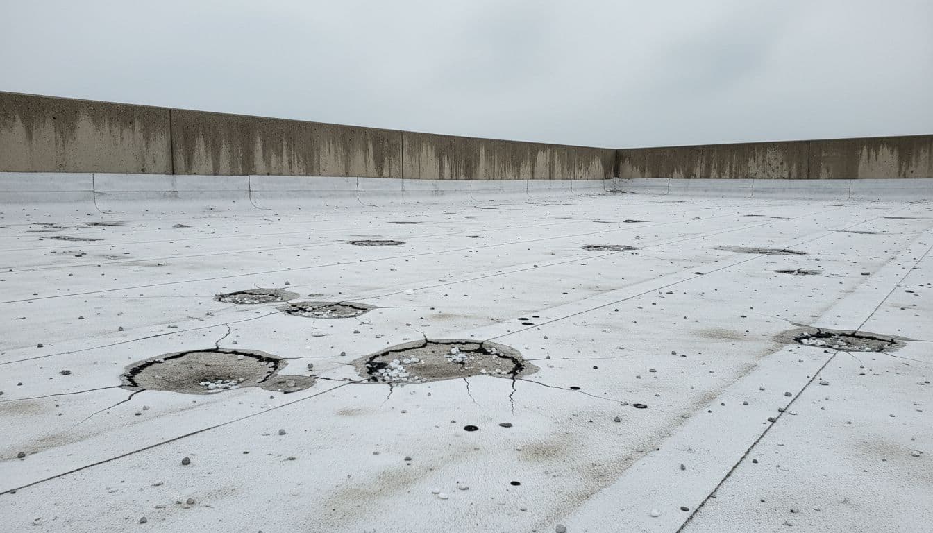 Close-up view of hail damage on a commercial flat TPO roof showing dents, cracks, and granule loss on the membrane, with overcast sky background and building parapet.