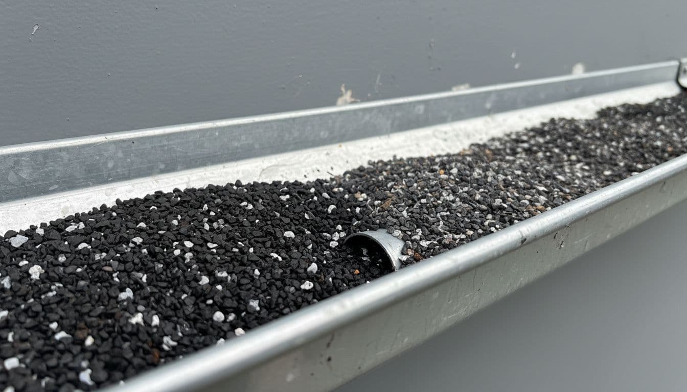 How Do You Tell Hail Damage Vs Normal Wear On Roof Shingles Close-up of roof gutter filled with fresh dark granules from hail-damaged shingles contrasting sparse light weathered granules on a commercial building.