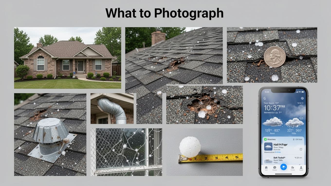 What size hail damages an asphalt shingle roof in Minnesota? Photo-realistic educational grid layout displaying example shots for documenting hail damage on asphalt shingle roofs, featuring wide views, close-ups with scale references like quarters and tape measures, damaged elements, and a blurred weather app screen.