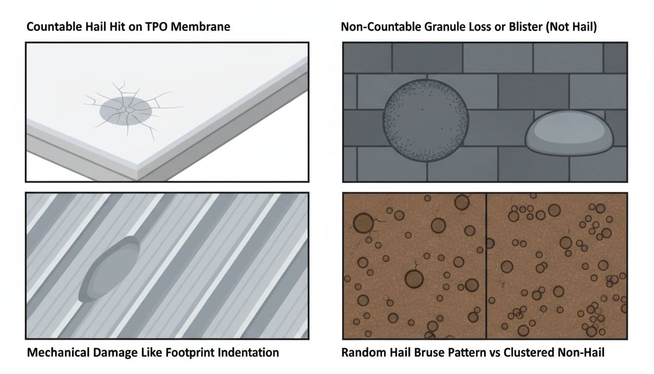 Professional close-up illustrations in four panels comparing countable hail hits on TPO membrane, granule loss or blisters, mechanical footprint damage, and random hail bruises versus clustered non-hail patterns on commercial roofing materials.