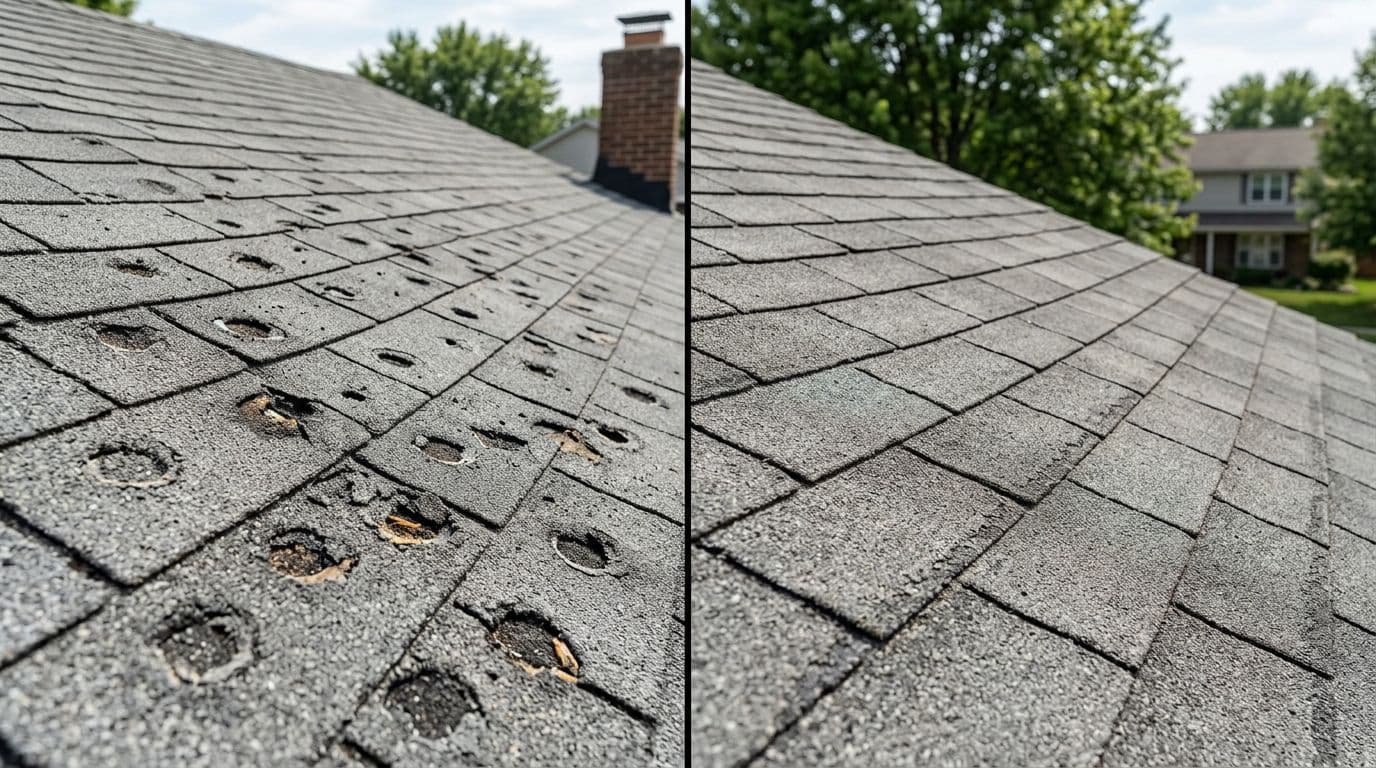 How Do You Identify Hail Damage on 3-Tab Shingles? Photorealistic side-by-side comparison on the same roof plane: left side shows hail damage on 3-tab shingles with circular impacts and granule loss; right side shows normal wear with even granule erosion at edges, under natural daylight.