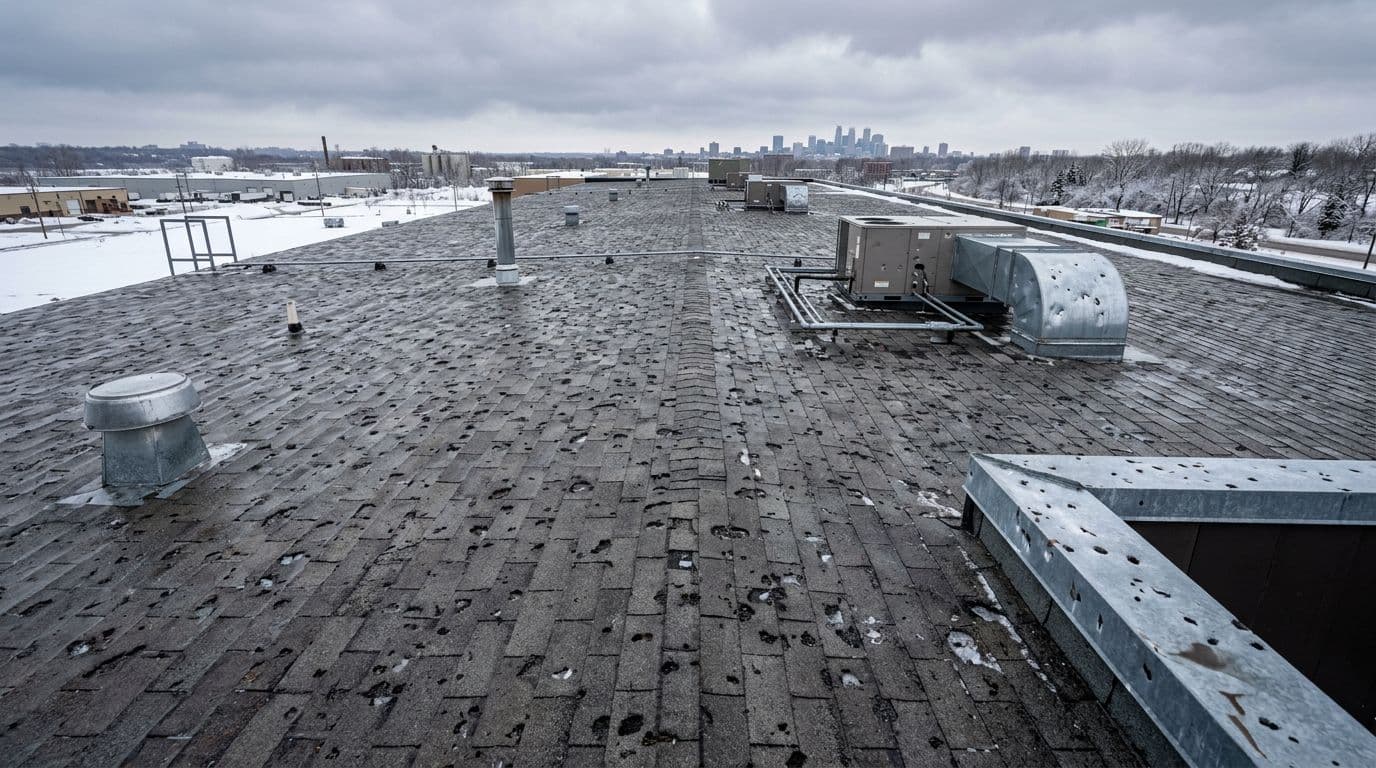 How Do You Identify Hail Damage on 3-Tab Shingles? Photorealistic wide-angle rooftop view of a commercial building's 3-tab shingle roof after a hail storm, featuring scattered granule loss and dents on metal flashing under a Minnesota winter sky.
