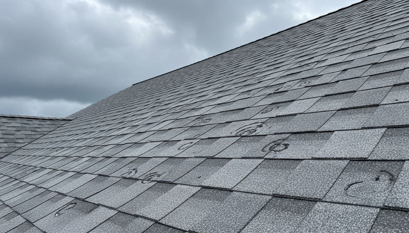 How Do You Identify Hail Damage on Asphalt Shingle Roofs Close-up view of gray asphalt shingles on a sloped commercial roof showing multiple round hail dents, granule loss exposing the fiberglass mat, and cracks from storm impact under a cloudy sky.