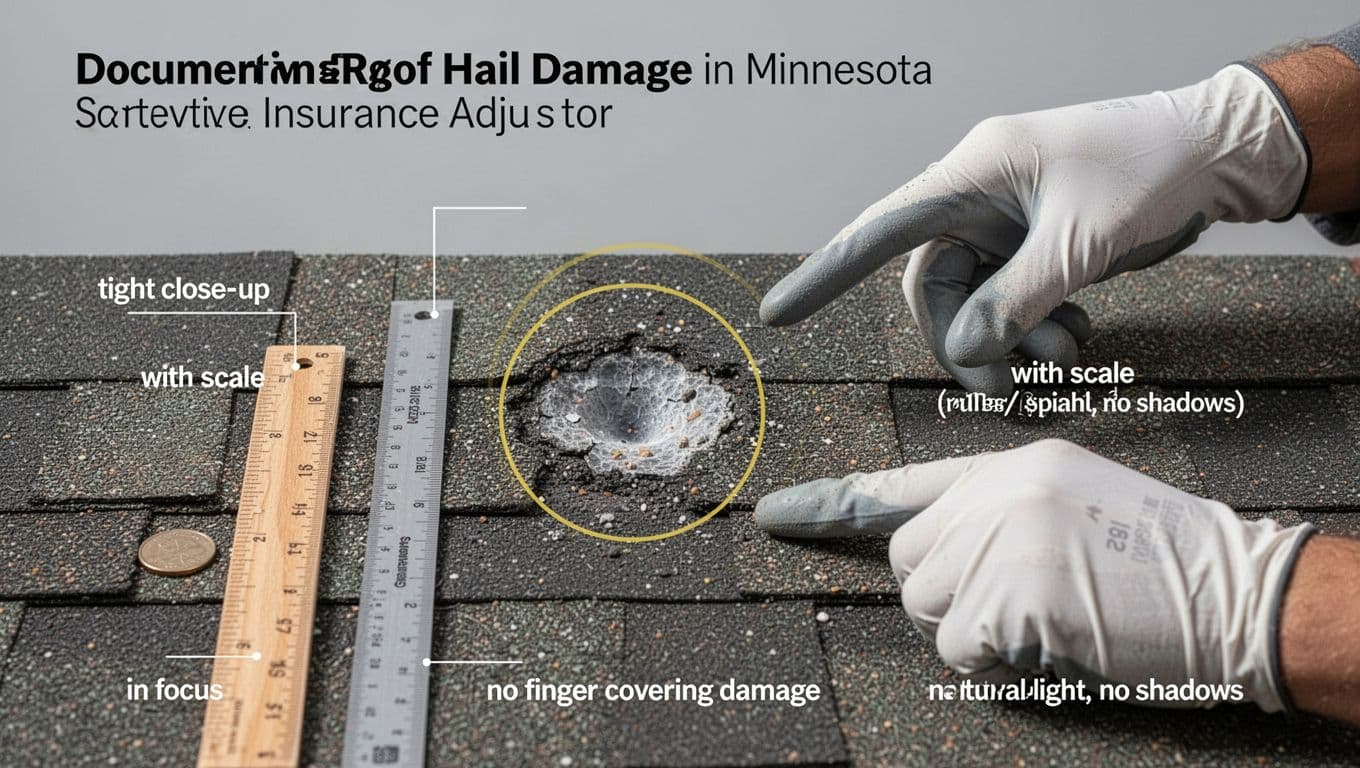 How to Document Roof Hail Damage With Photos (Insurance-Ready Checklist) Professional close-up instructional graphic of hail damage on an asphalt roof shingle, featuring a highlighted bruise, ruler for scale, and gloved hand pointing, ideal for Minnesota homeowner insurance documentation.