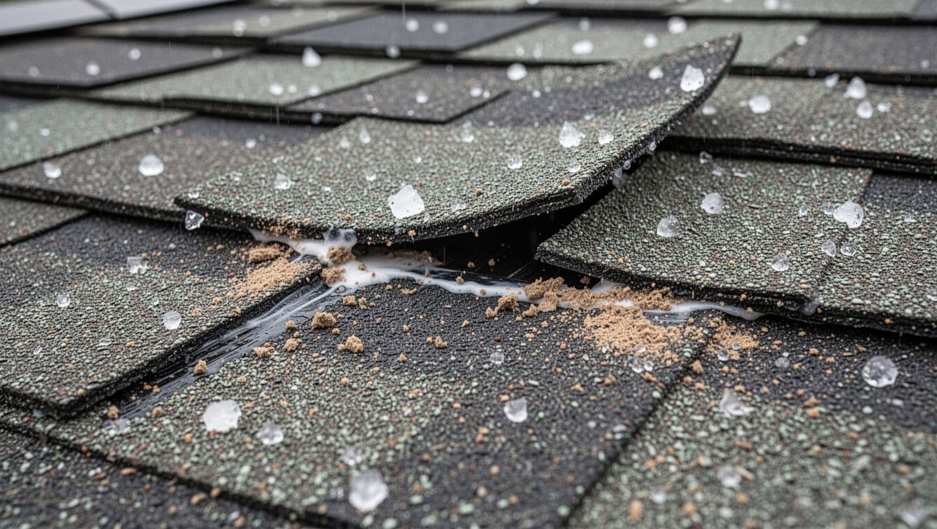 How To Tell If Hail Cracked Your Shingle Sealant Strip Close-up of overlapping asphalt shingles after hailstorm with broken sealant bond. Lifted tab reveals gap, dust debris from separated adhesive, and slight granule loss from hail.