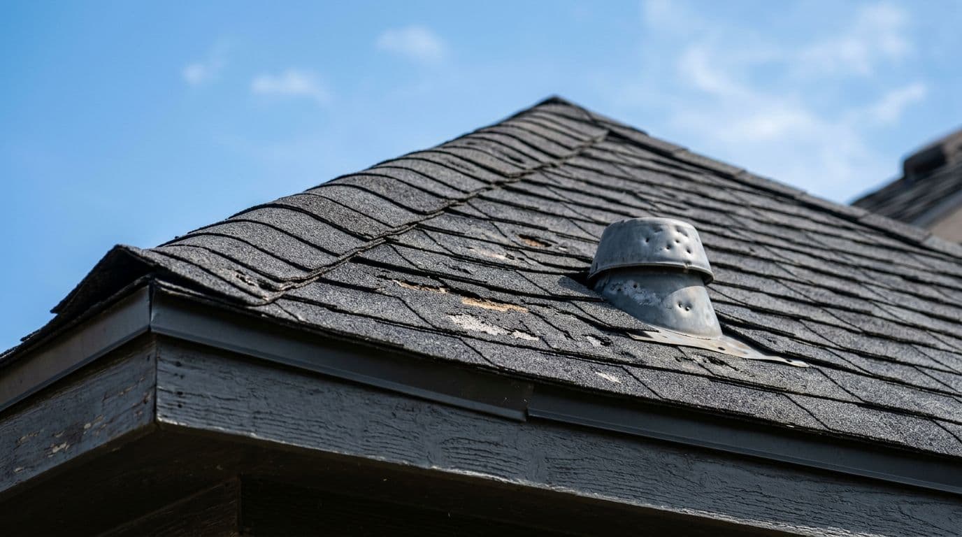 Photo-realistic close telephoto-style view from ground perspective of suburban home roof edge and ridge cap with architectural asphalt shingles showing granule displacement, scuffing from hail, and small dents on vent cap under clear daylight sky.