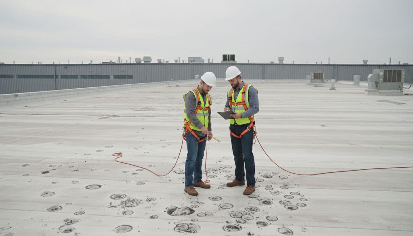 How Long Do You Have To File A Hail Claim In Minnesota Business owner and roofing inspector, safely harnessed on the roof edge, examine hail damage together on a Minnesota warehouse building under an overcast sky, realistic photo style with natural light.